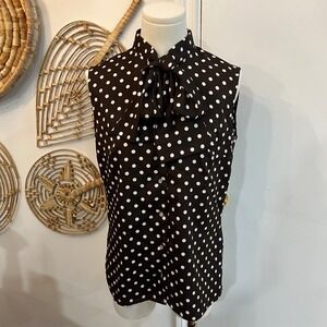 Vintage Judy Bond Polka Dot Sleeveless Blouse Bow Tie Neck Brown White Retro 12